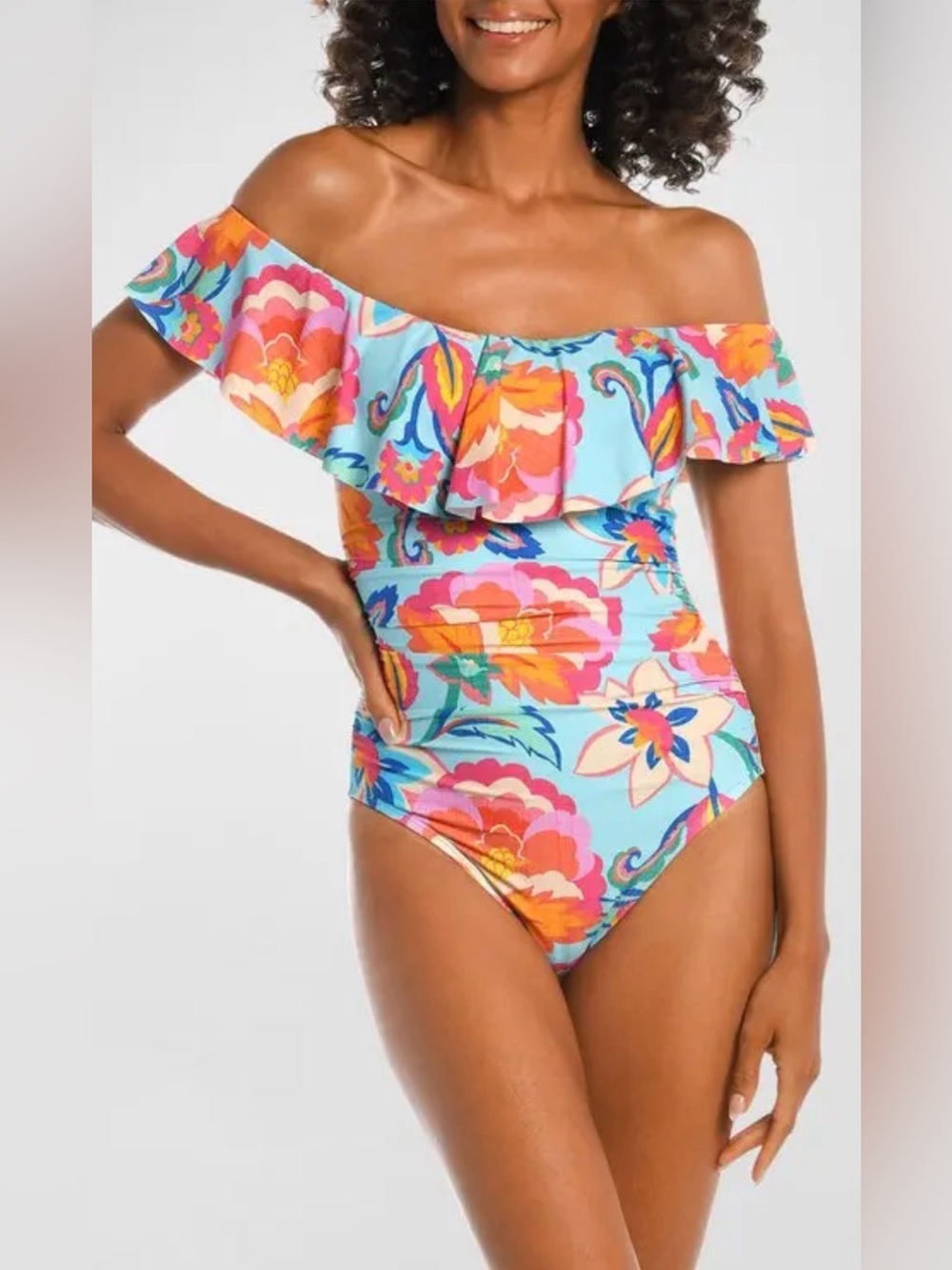 La Blanca Island Goddess Off-The-Shoulder One Piece Swimsuit Size 12 Floral  EUC